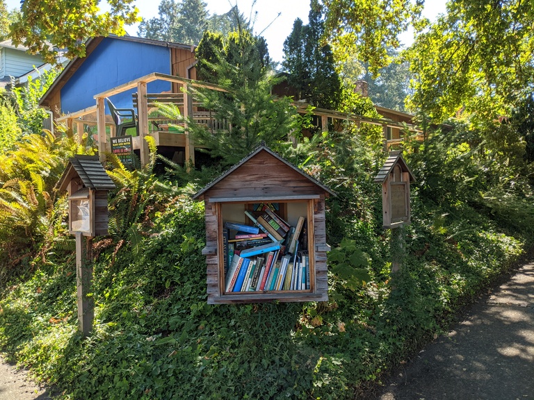 Mini free library with lots of books. 